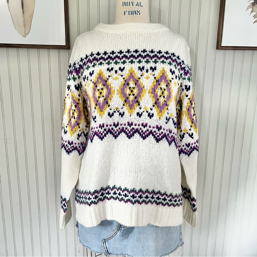 Talbots Fair Isle Cream Multi Crew Neck Oversized Pullover Sweater Wool blend